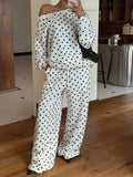 Polka-dot Print Long-sleeve Pants Casual Loose-fitting Set by Ricaloux