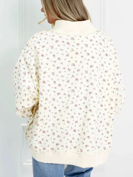 Beige Ribbed High-necked Patchwork Floral Print Loose Pullover Hoodie by Ricaloux