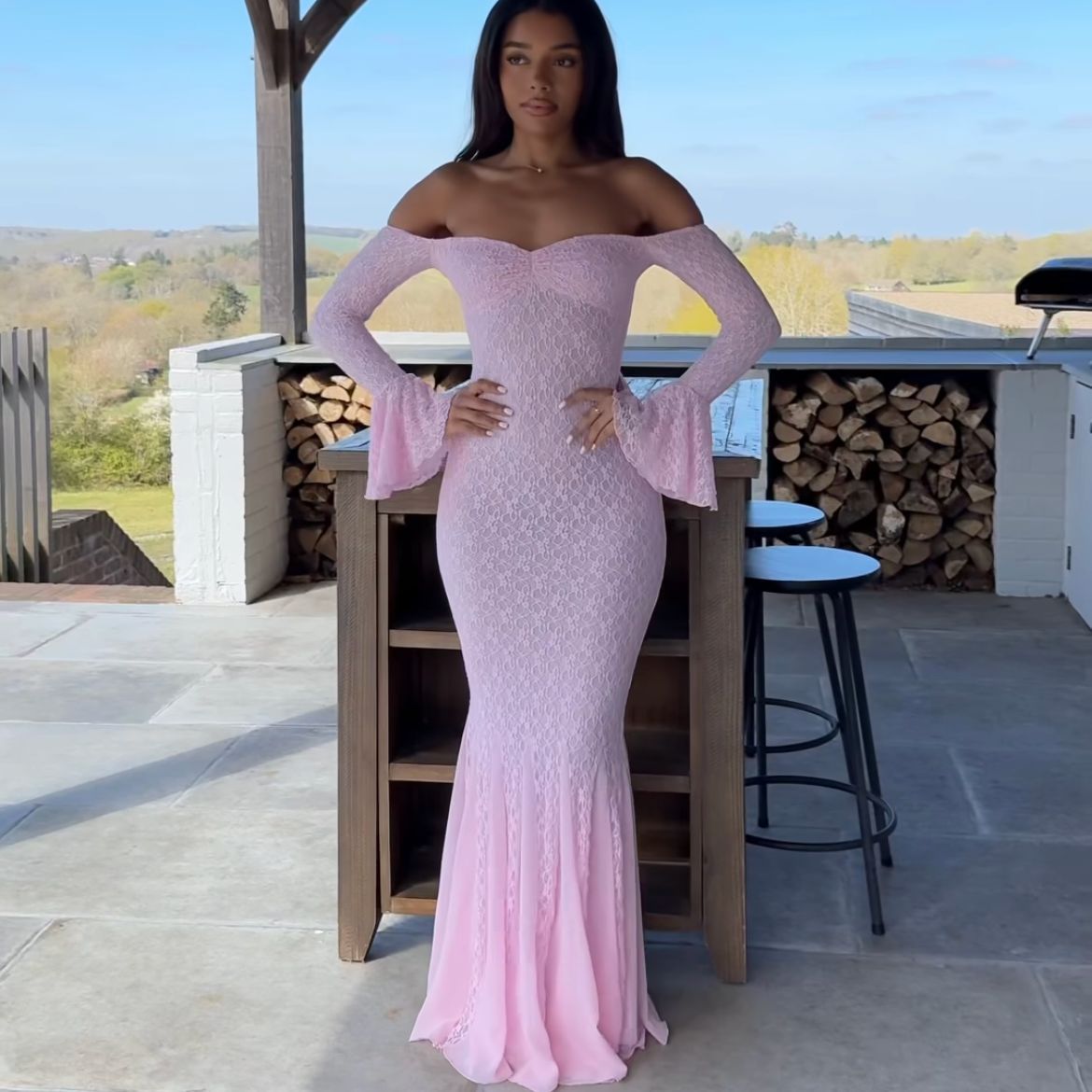 Womens One-shoulder Flared-sleeve Mermaid Dress by Ricaloux