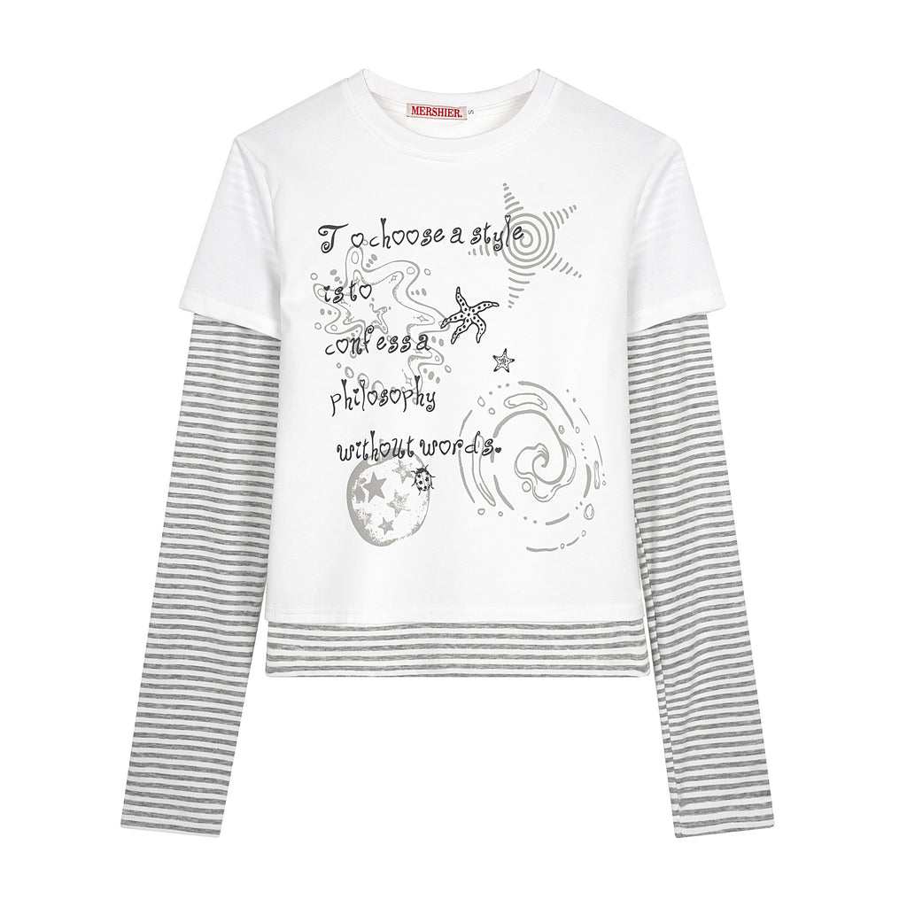Fake Two-piece Striped Patchwork Long-sleeve T-shirt by Ricaloux