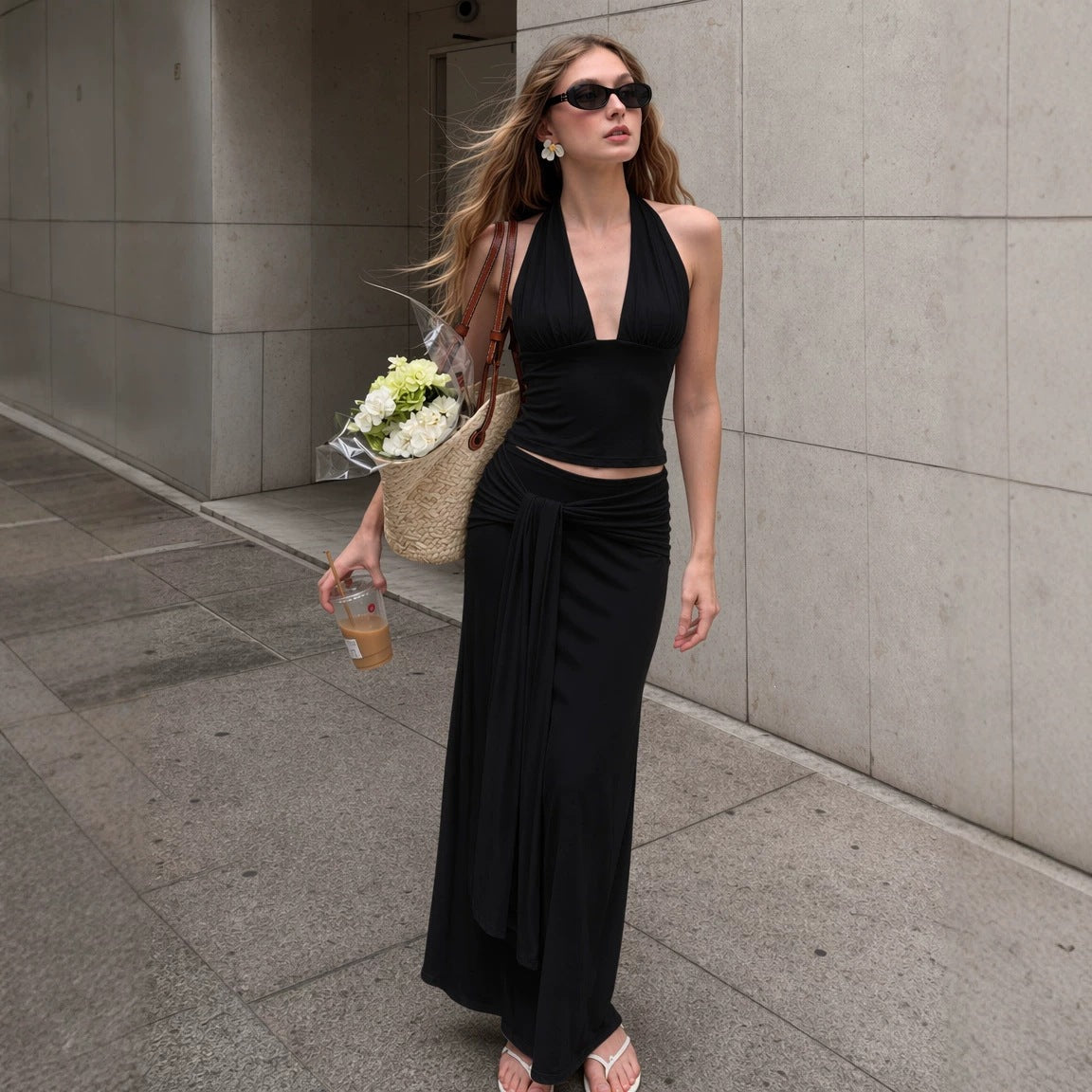 Girl-group-style Halter-neck Vest And Midi Skirt Two-piece Set by Ricaloux