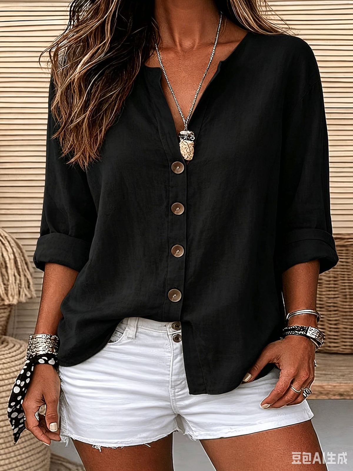 Womens V-neck Cotton-Linen Button-Down T-shirt Top – Premium 0 | RICALOUX