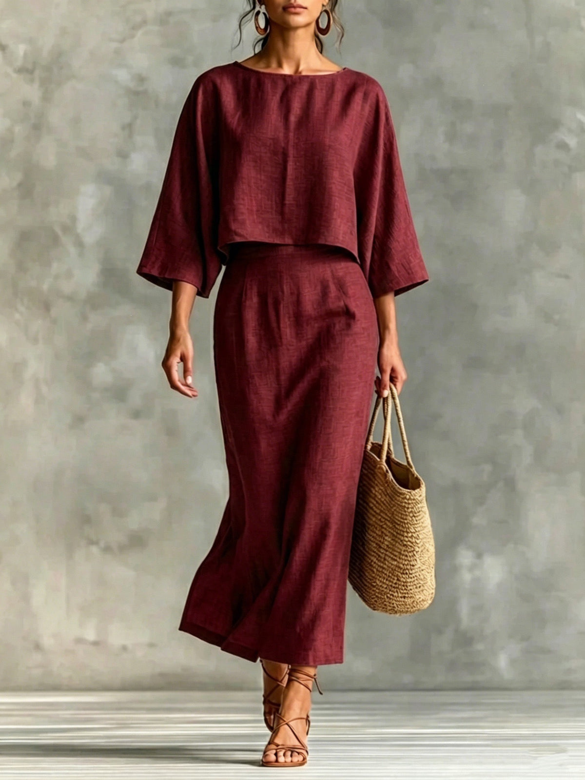 High Waisted Long Skirt Set With A Round Neck Three Quarter Sleeved Loose Fitting Womens Top – Premium 0 | RICALOUX