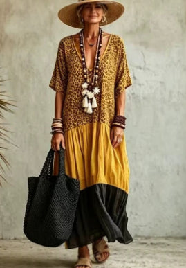 Casual Leopard-Print Colorblock V-Neck Dress by Ricaloux