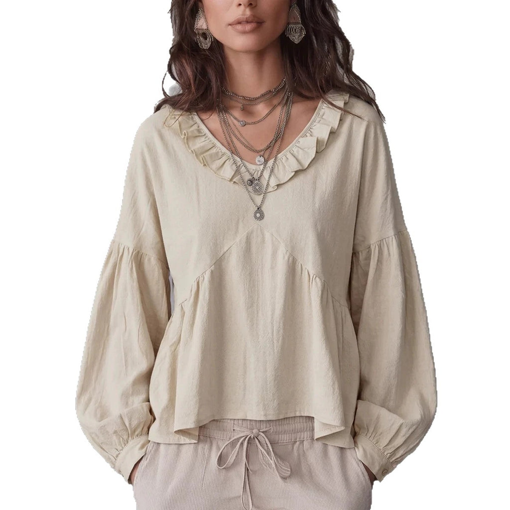 Vintage Lace-trimmed V-neck Long-sleeve Blouse – Premium 0 | RICALOUX
