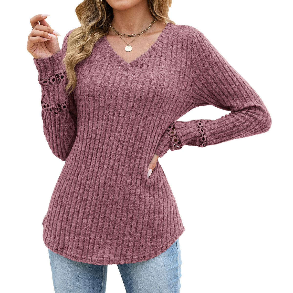 Solid-color V-neck Lace-panel Loose-fitting Long-sleeve Top by Ricaloux