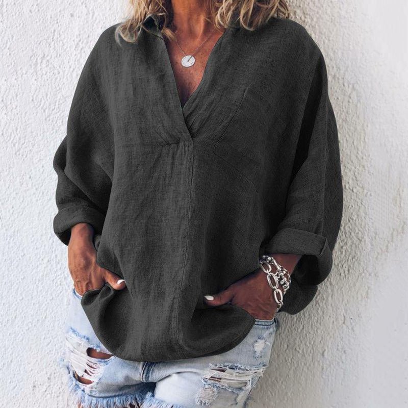 Women's Large Size Solid Color Imitation Cotton And Linen V-neck Long-sleeved Pullover Top - RICALOUX
