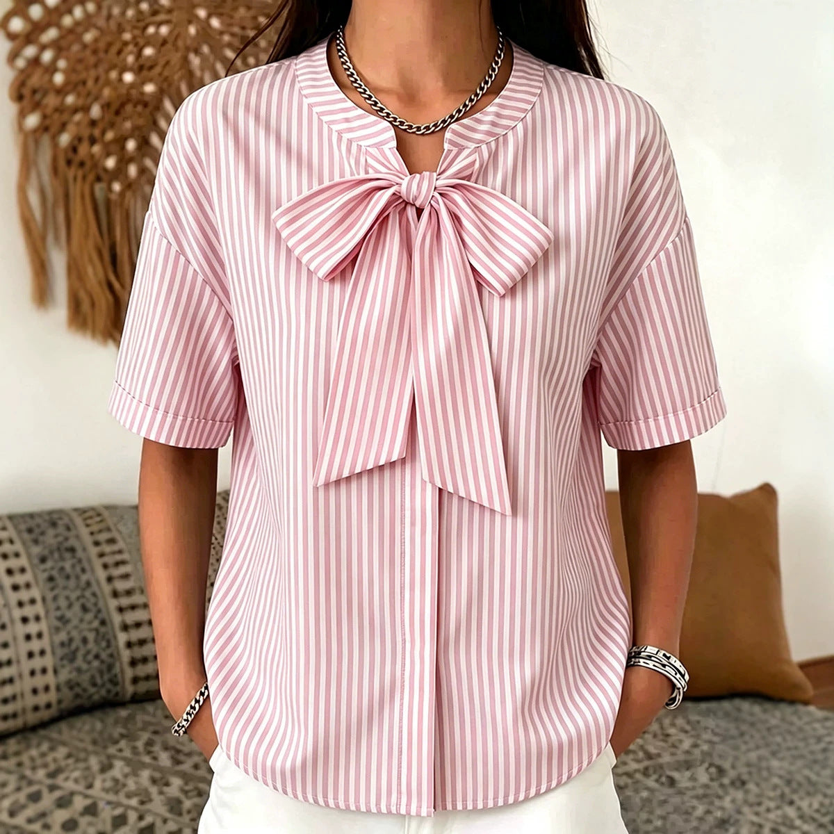 Simple Striped Casual Short-sleeve Shirt With A Bow Tie by Ricaloux