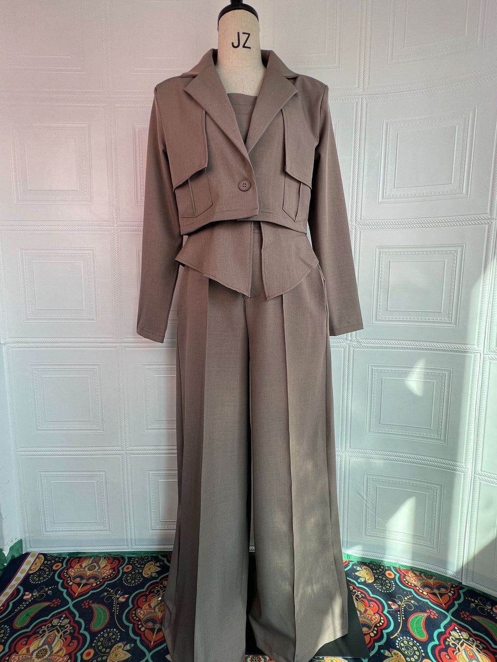 Womens Solid-color Elegant Blazer And Wide-leg Suspender Pants Set by Ricaloux