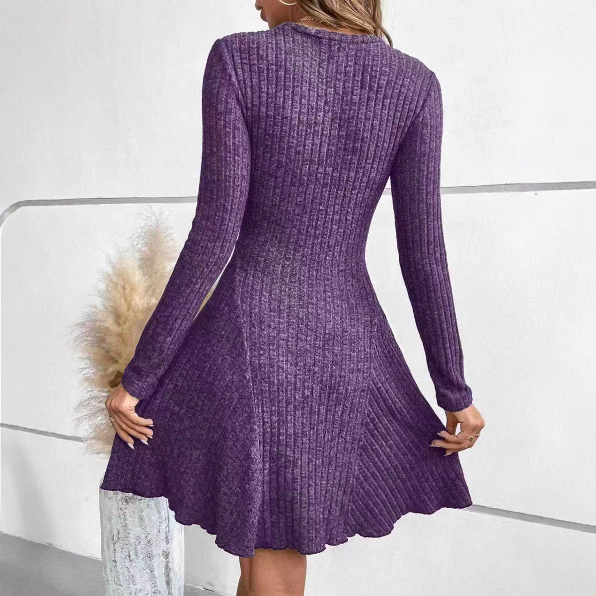 Womens Elegant Solid-color Rib-knit Crew-neck Long-sleeve Dress – Premium 0 | RICALOUX