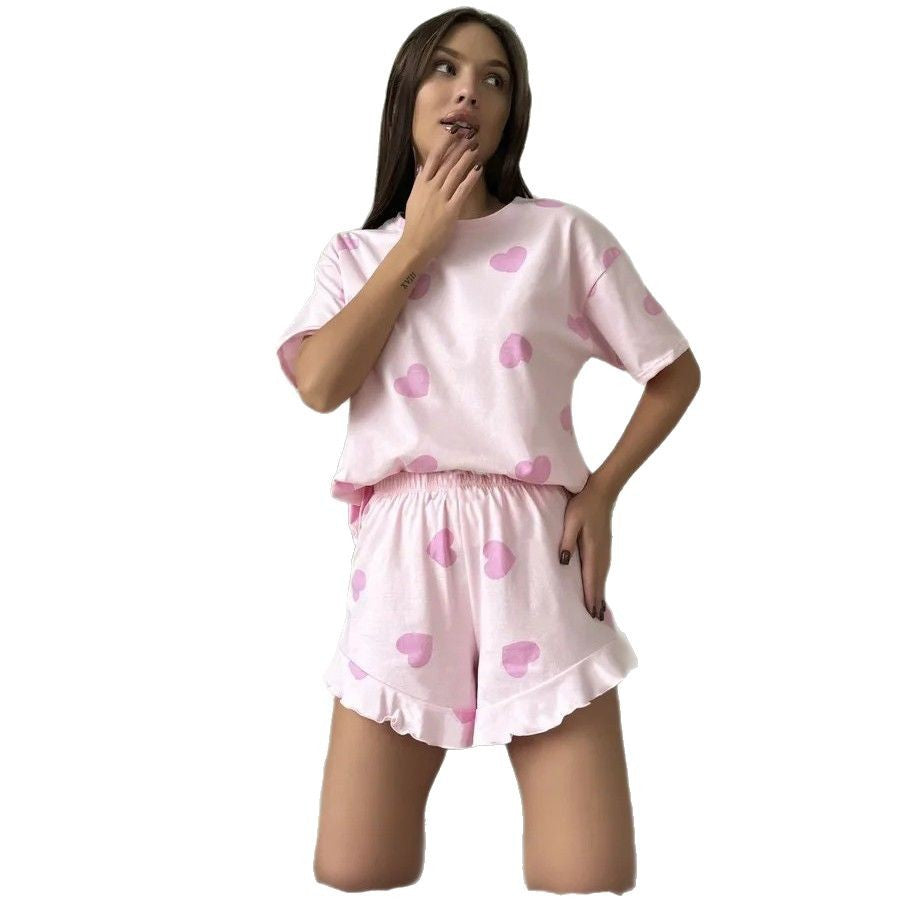 Heart-print Short-sleeve Pajama Set With Shorts by Ricaloux