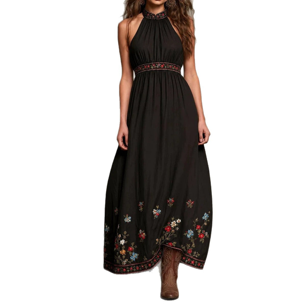 Vintage Elegant Halterneck Embroidered Print Dress For Women – Premium 0 | RICALOUX