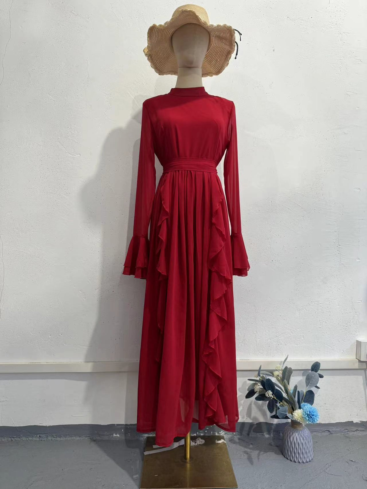 Chiffon Long Dress With Ruffled Trim And Panel Stitching by Ricaloux