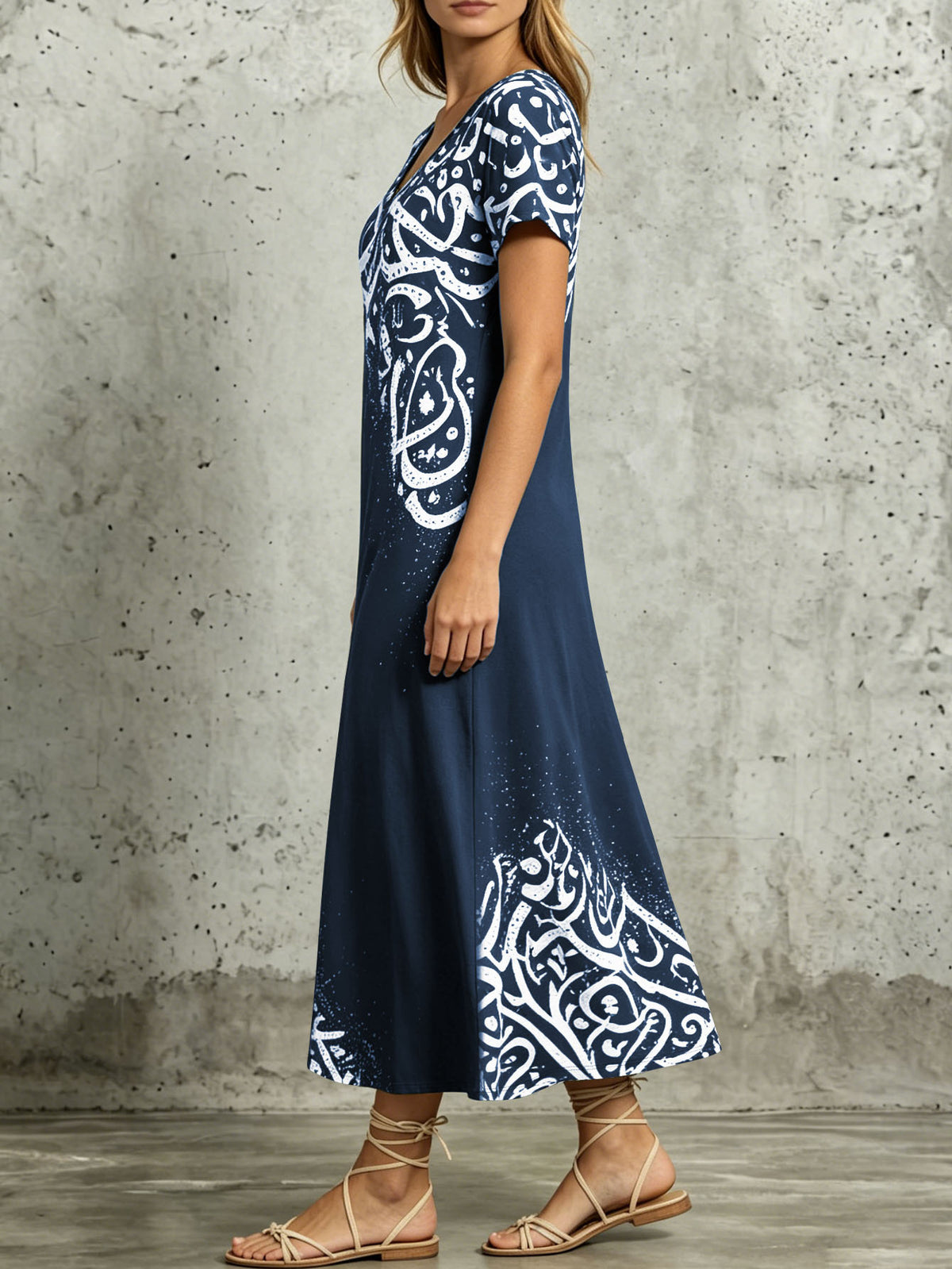 Women's V-Neck Short Sleeve Bohemian Print Split Hem Maxi Dress Casual Loose Long Dress For Vacation – Premium 4 | RICALOUX