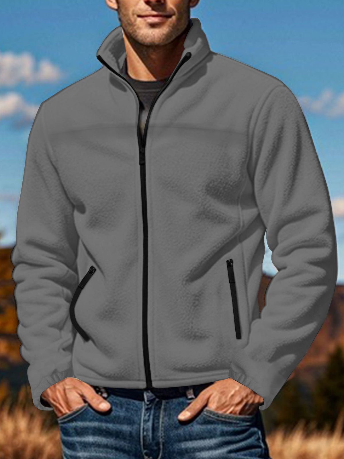 Men's Polar Fleece Jacket Outdoor Zipped Stand Collar Coat - RICALOUX