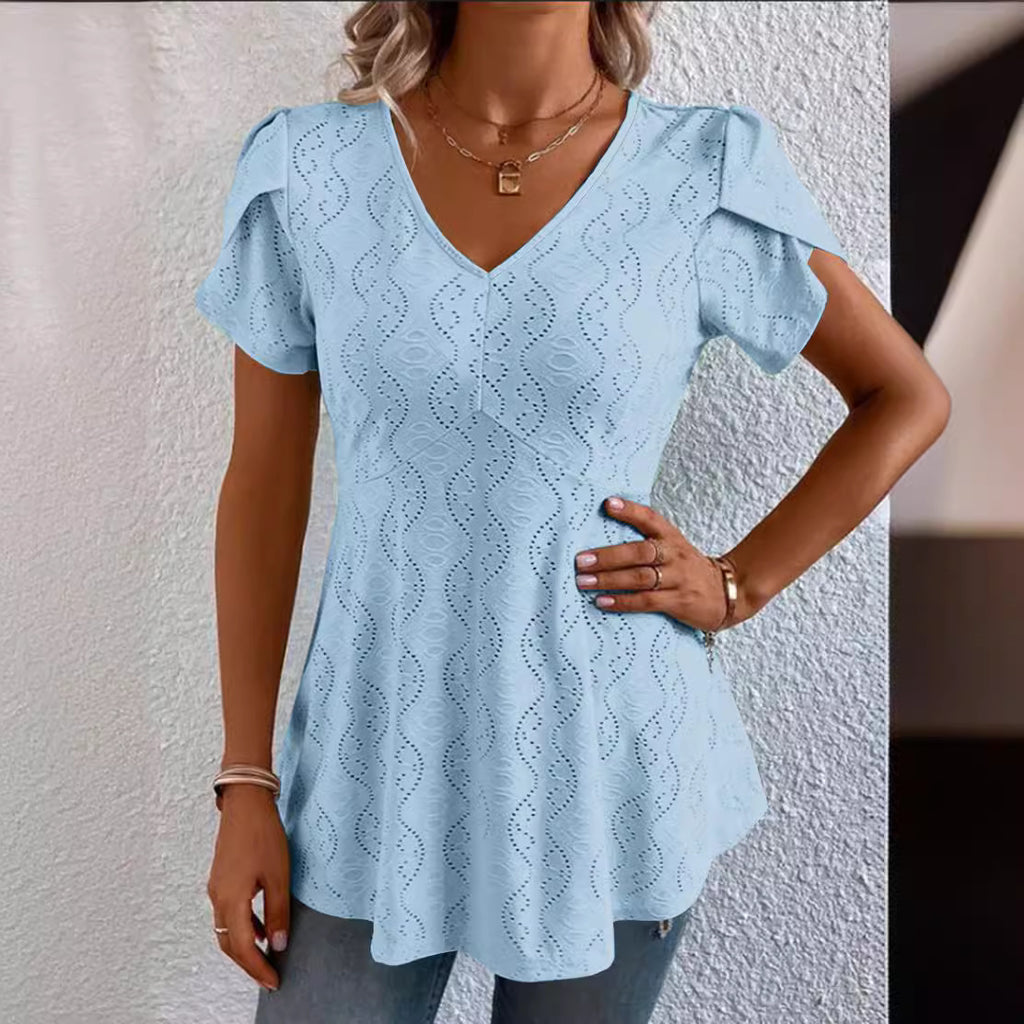 Solid-color V-neck Flutter-sleeve Casual by Ricaloux