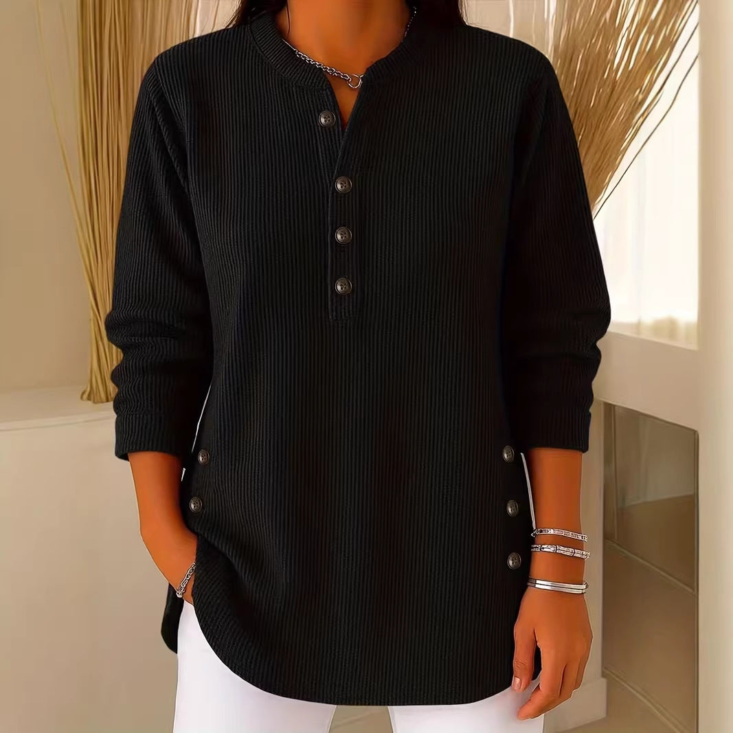 Womens Solid-color Corduroy Casual V-neck Long-sleeve Top With Buttons by Ricaloux