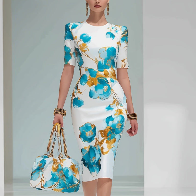 Lady's Elegant Floral Print Round-neck Dress by Ricaloux