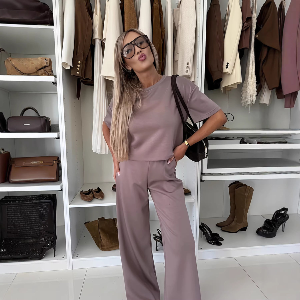 Short-sleeve Top And Wide-leg Pants Rose-pink Two-piece Womens Set – Premium 0 | RICALOUX
