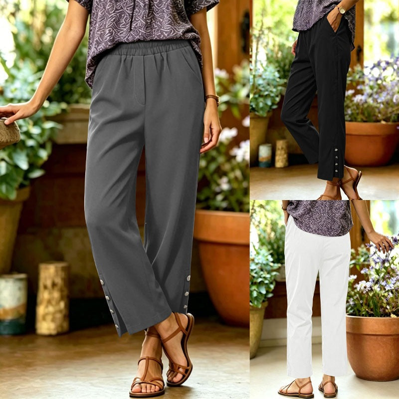 Women's Casual Elastic Waist Wide Leg Pants With Side Button Detail Loose Fit Straight Leg Trousers For Daily & Vacation by Ricaloux