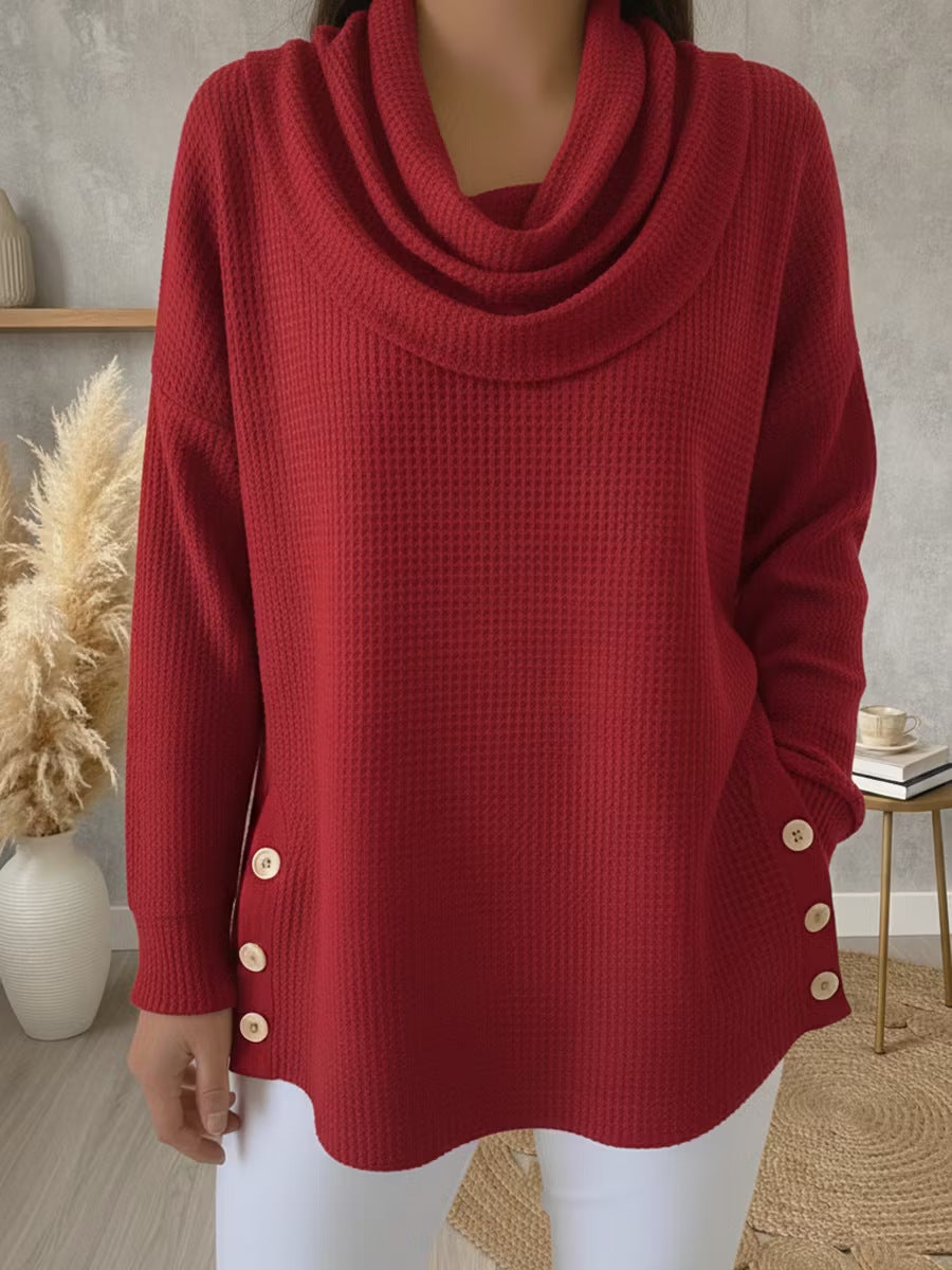 Solid-color Turtleneck Pullover Long-sleeve Womens Top With Buttons by Ricaloux