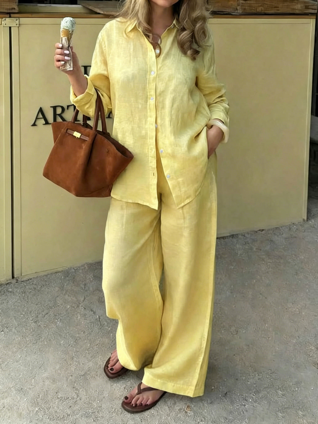Simple Linen Two-piece Set With A Lapel And Long Sleeves by Ricaloux