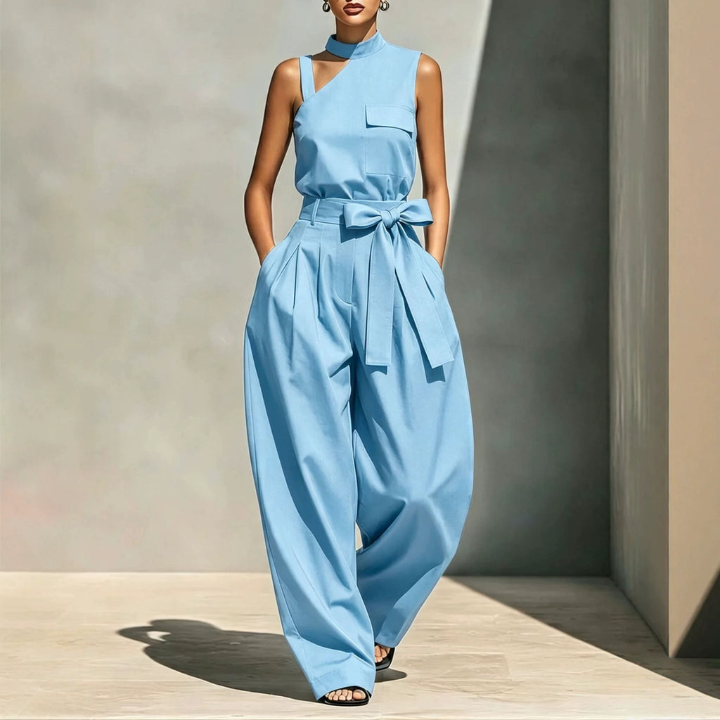 Off-shoulder Stand-collar Sleeveless Jumpsuit by Ricaloux