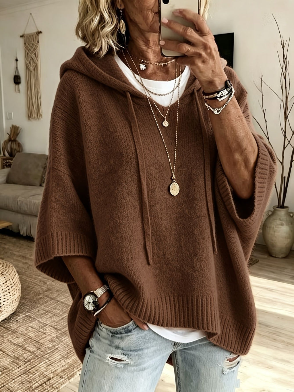 Womens Knitted New-Style Hooded Drawstring Sweater by Ricaloux