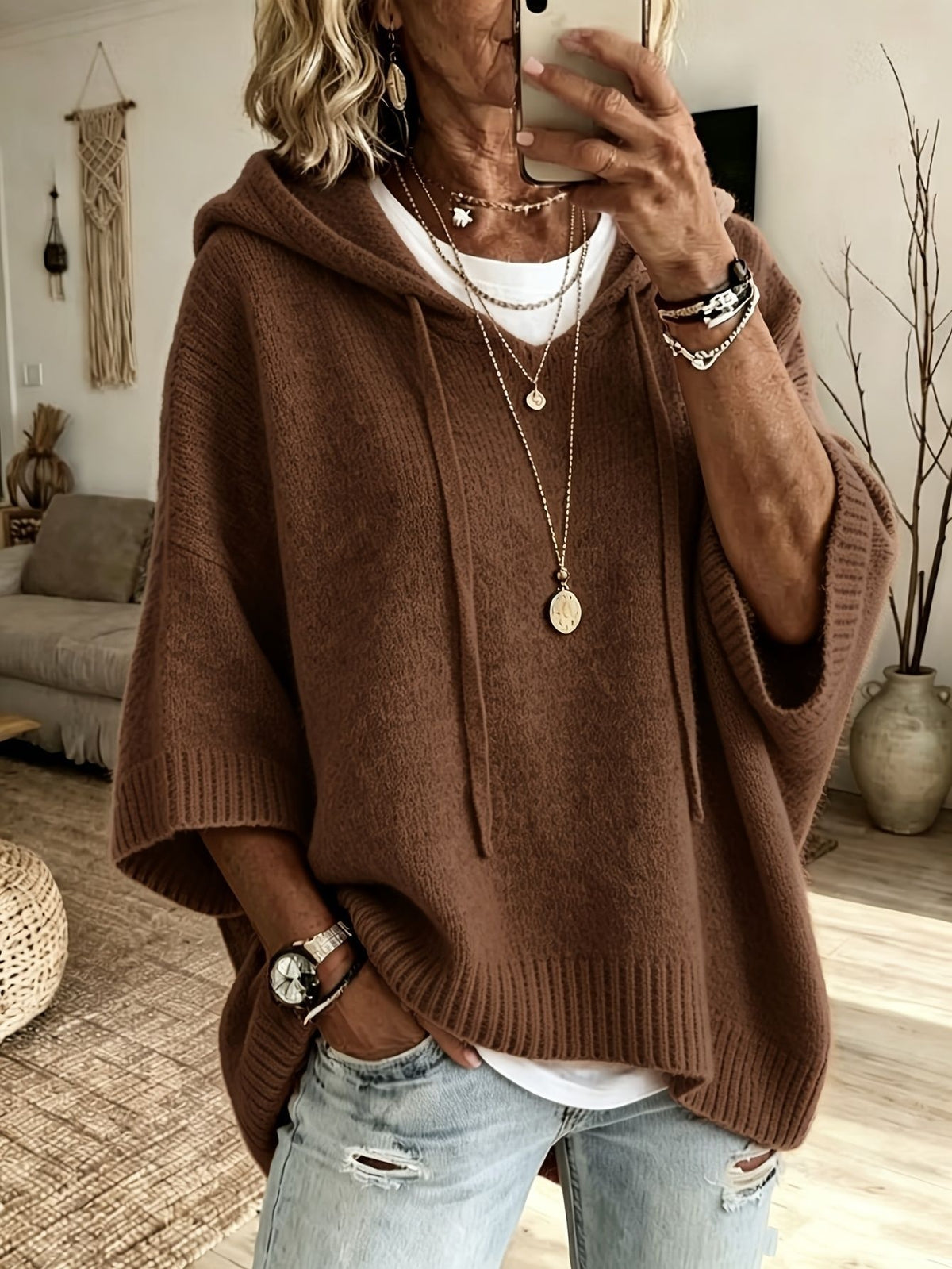 Womens Knitted New-Style Hooded Drawstring Sweater by Ricaloux