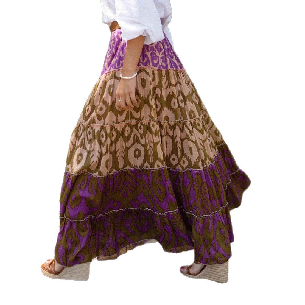 Printed Ruffled Flared Maxi Skirt by Ricaloux