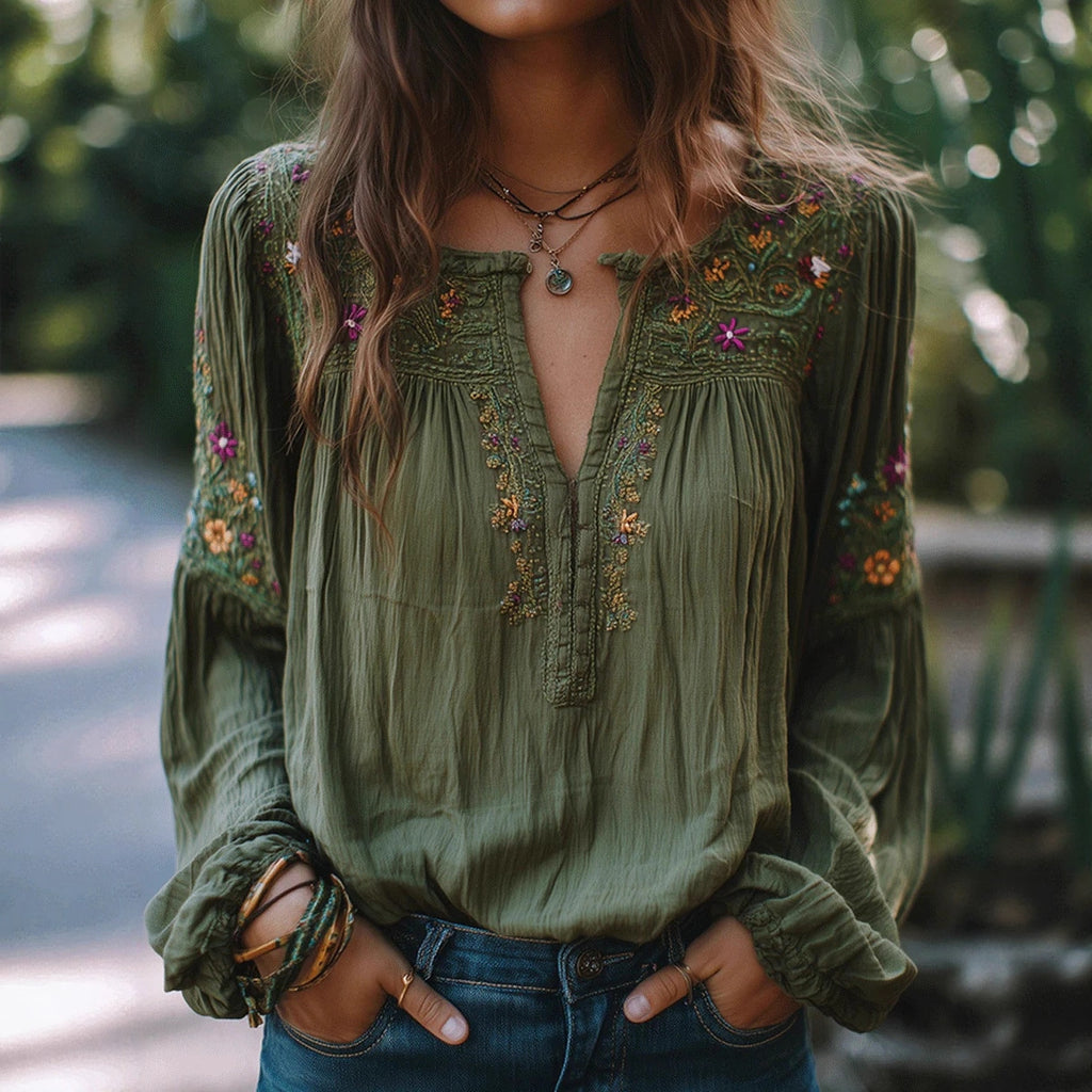 Ethnic-style Embroidered Floral Lantern-sleeve Loose-fitting Top by Ricaloux
