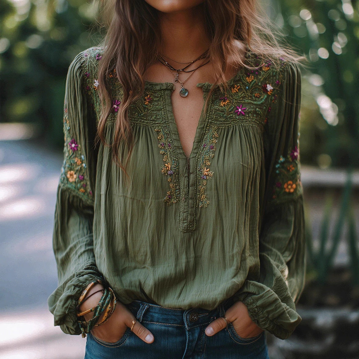 Ethnic-style Embroidered Floral Lantern-sleeve Loose-fitting Top by Ricaloux