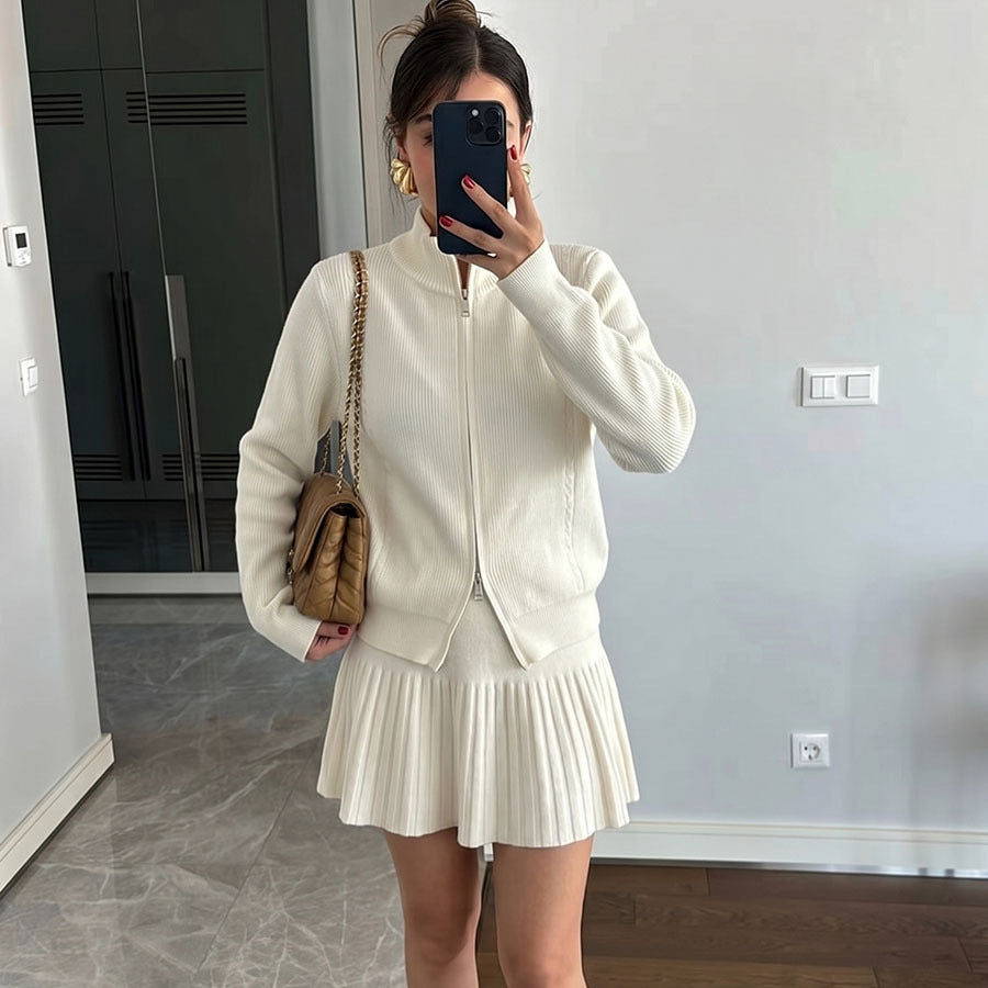 Womens Zip-up Cardigan And Pleated Knit Skirt Set by Ricaloux