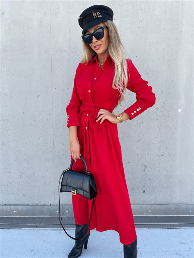 Women's Elegant Lapel Collar Long Sleeve Button Down Belted Shirt Dress, Casual Maxi Dresses With Slit For Office & Daily Wear by Ricaloux