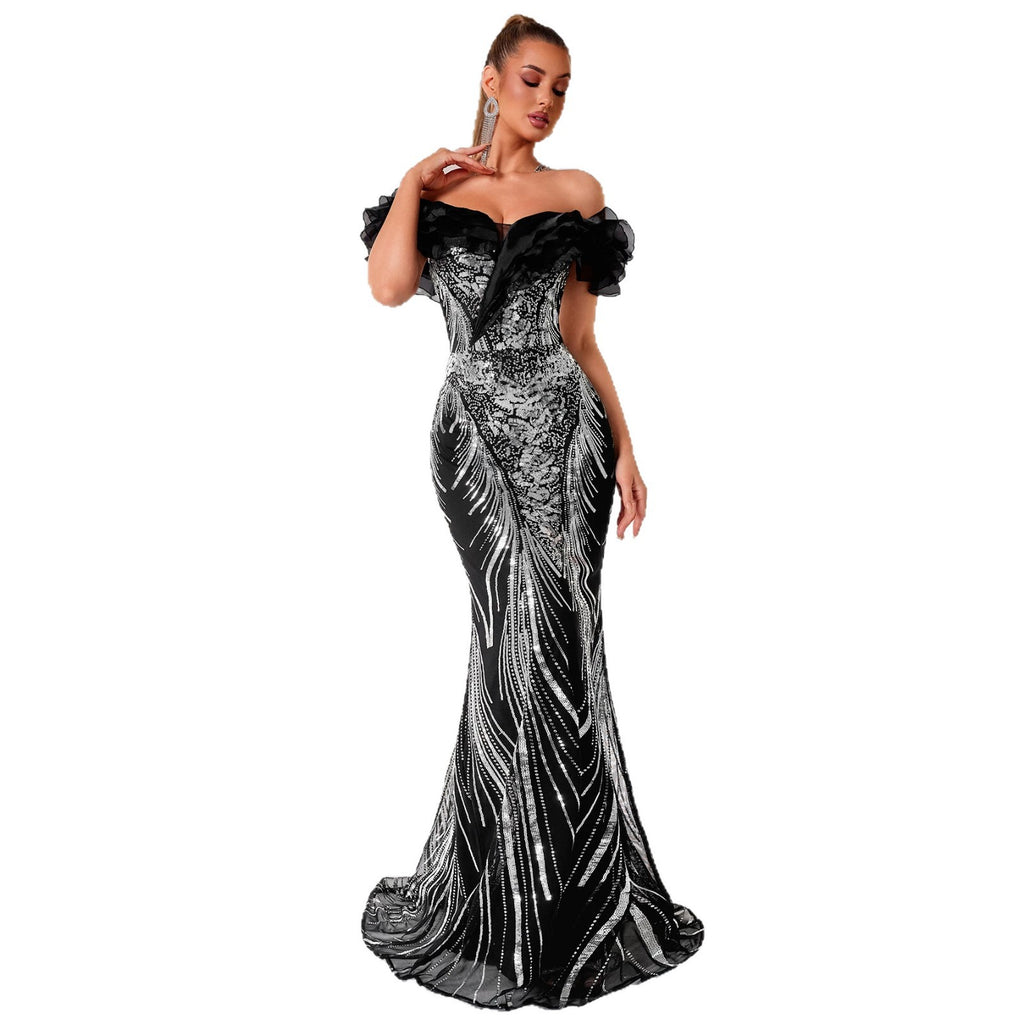 Light-luxury Off-shoulder Fishtail Dress With Ruffled Hem by Ricaloux