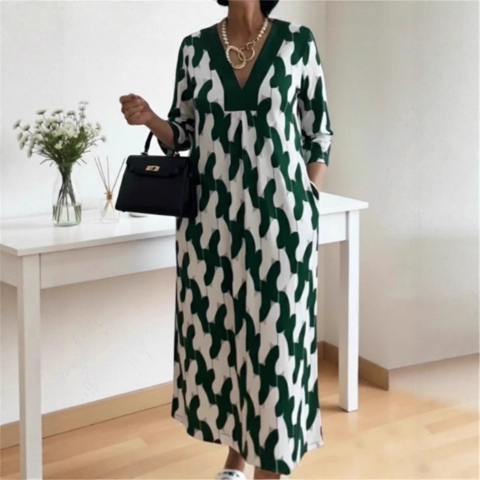 SpringSummer New Womens V-neck Printed Dress – Premium 0 | RICALOUX