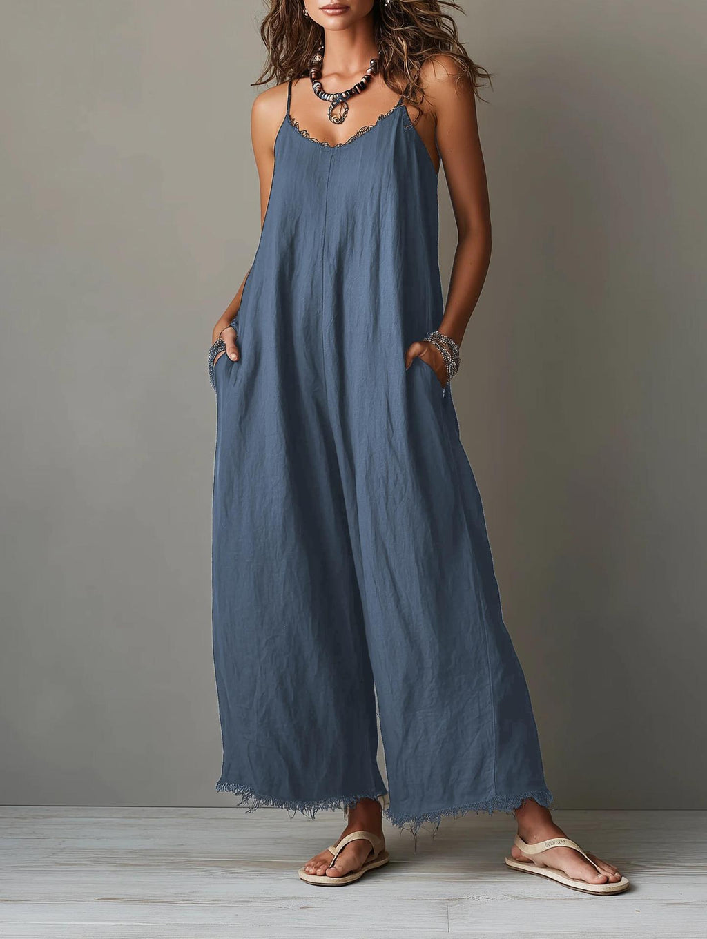 Womens Loose-fitting Solid-color Wide-leg Jumpsuit With Straps by Ricaloux