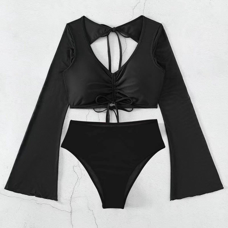 Solid-color High-waisted Modest Spliced Swimsuit With Mesh Panels – Premium 0 | RICALOUX