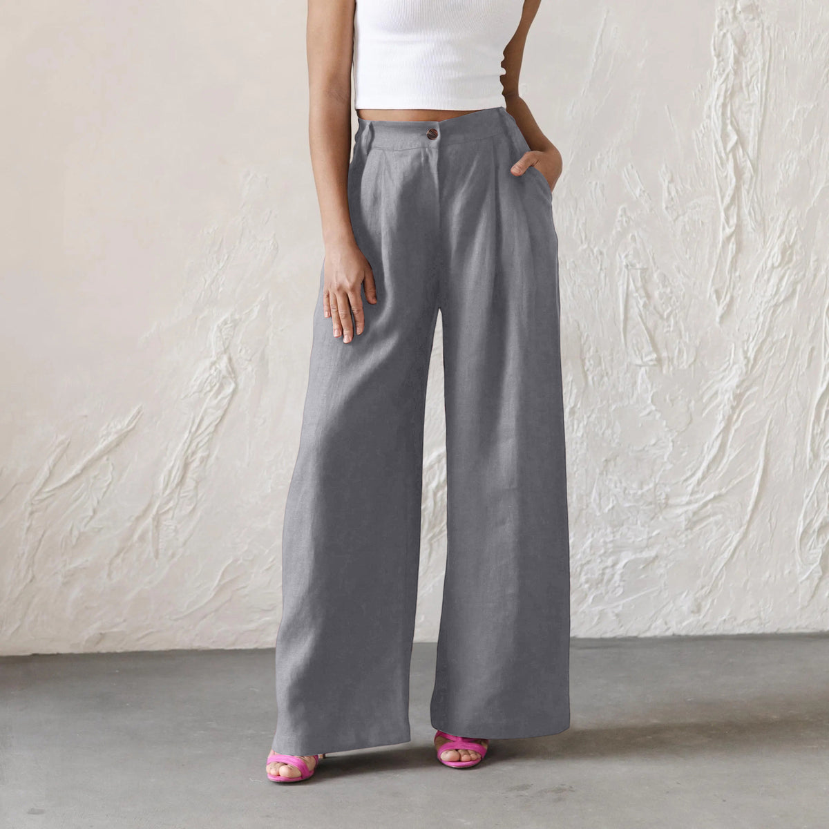 Womens Solid-Color High-Waisted Wide-Leg Pants Casual And Relaxed Fit Long Trousers by Ricaloux