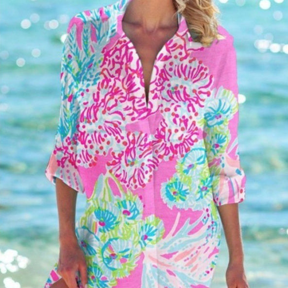 Womens Summer Printed Shirt Resort Beach Blouse – Premium 0 | RICALOUX