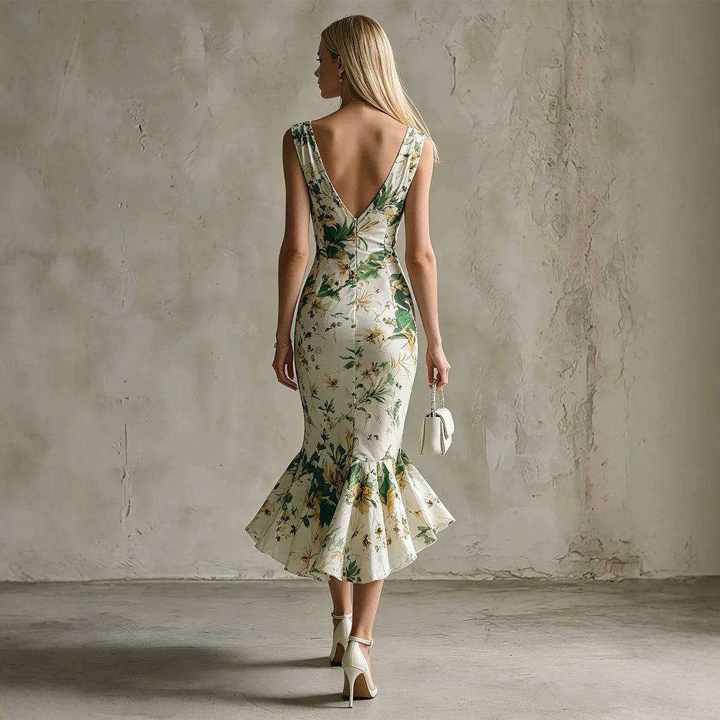 Printed White Sleeveless V-neck Ruffled Dress – Premium 0 | RICALOUX