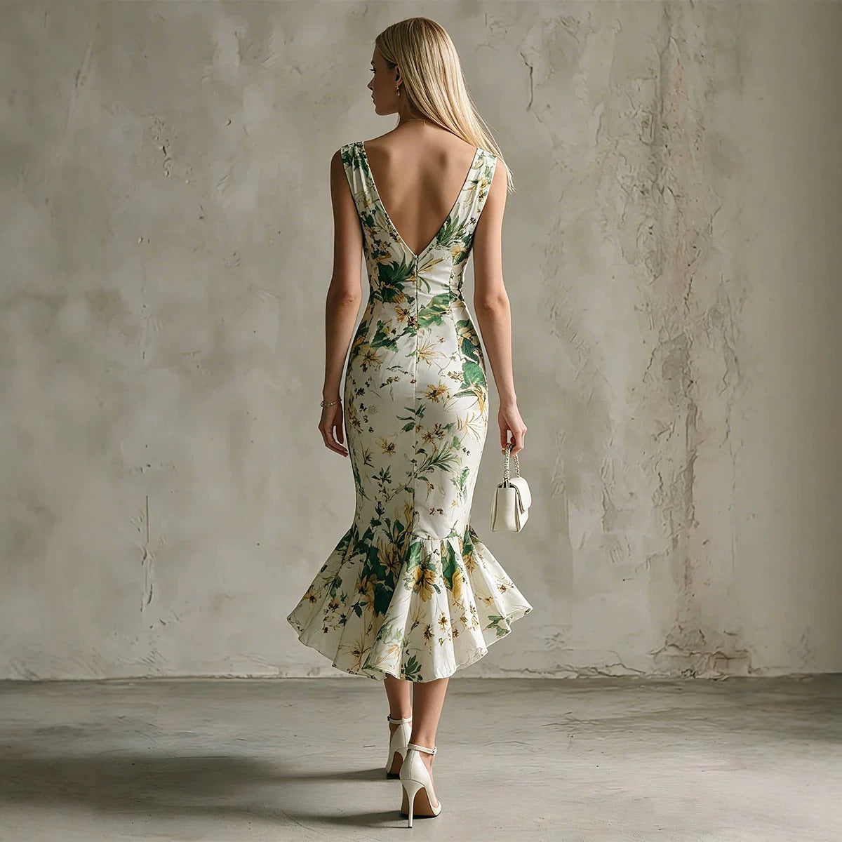 Printed White Sleeveless V-neck Ruffled Dress – Premium 0 | RICALOUX