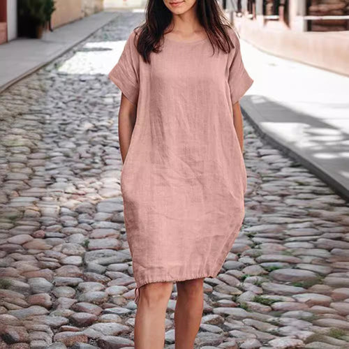 Casual Womens Solid-color Loose-fit Short-sleeve Cotton-linen Dress by Ricaloux