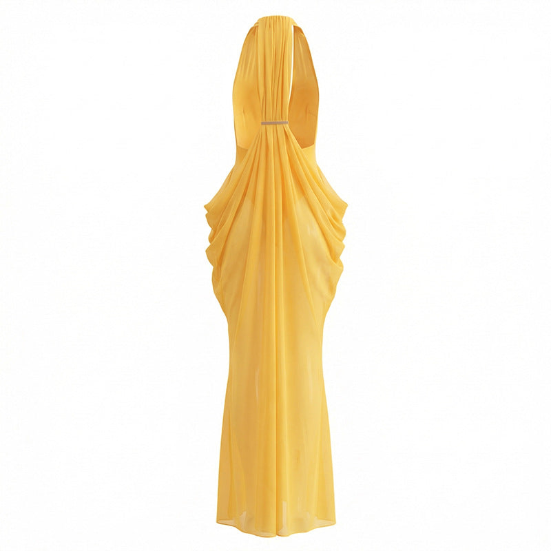Deep V Sexy Pleated Waist Dress by Ricaloux