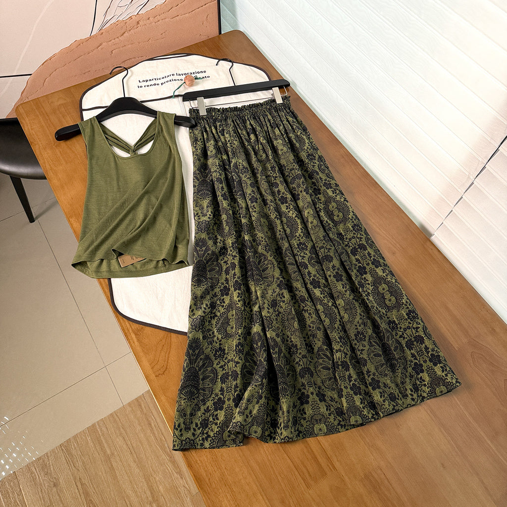 Merino Wool Halter-neck Twist Vest Silk Palm-printed Midi Skirt – Premium 0 | RICALOUX