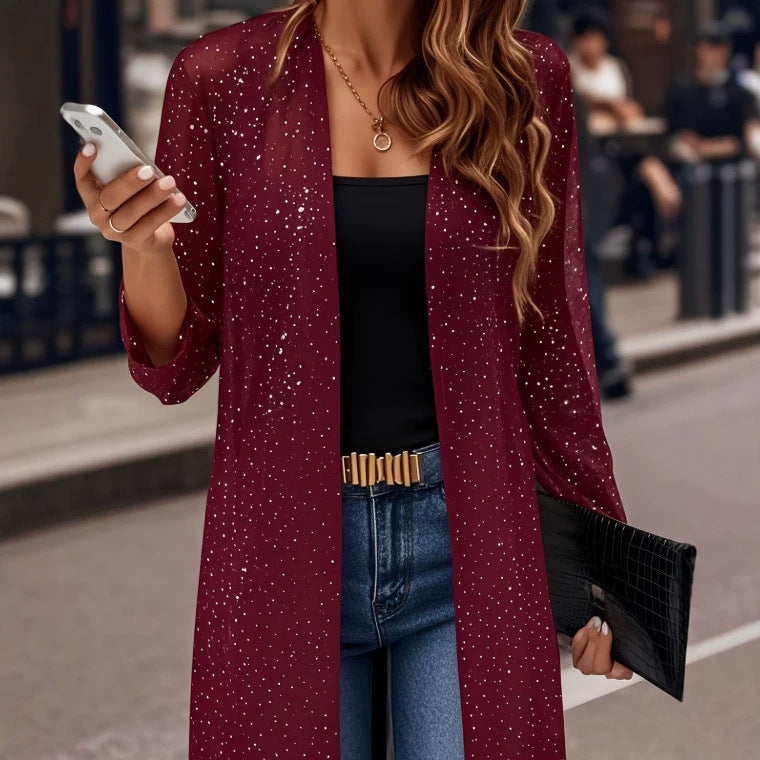 Elegant Semi-sheer Long Cardigan With Shimmering Mesh Detailing For Women by Ricaloux