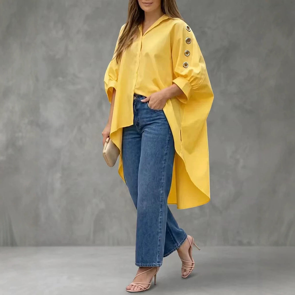 Womens Loose-fit Solid-color Long-sleeve Shirt by Ricaloux