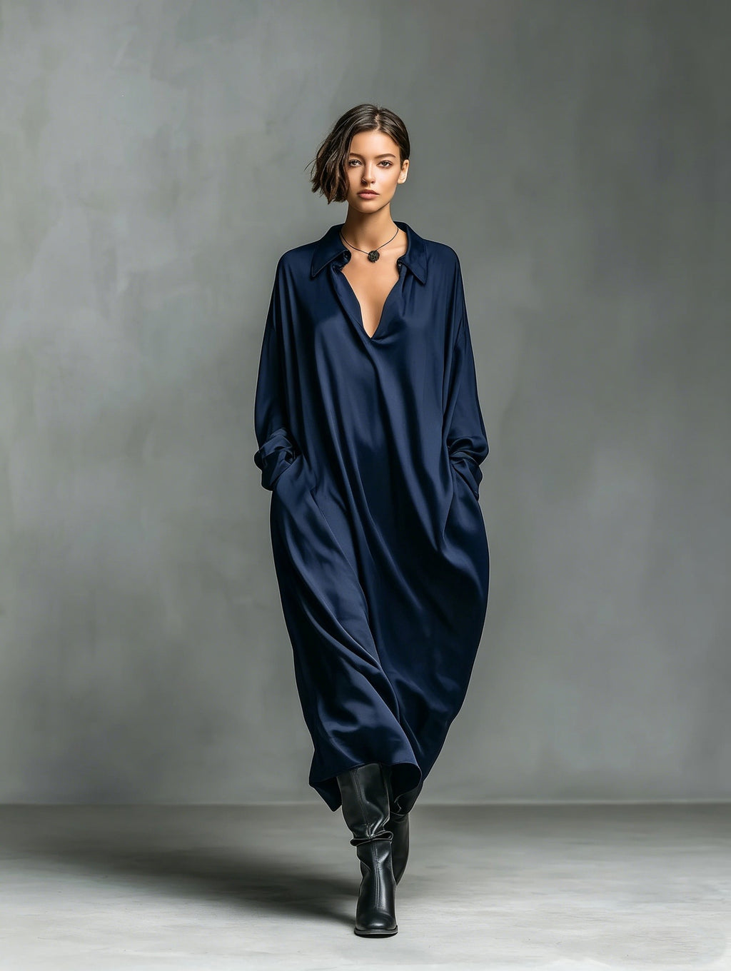 Solid-color Satin Long-sleeve Shirt Dress by Ricaloux