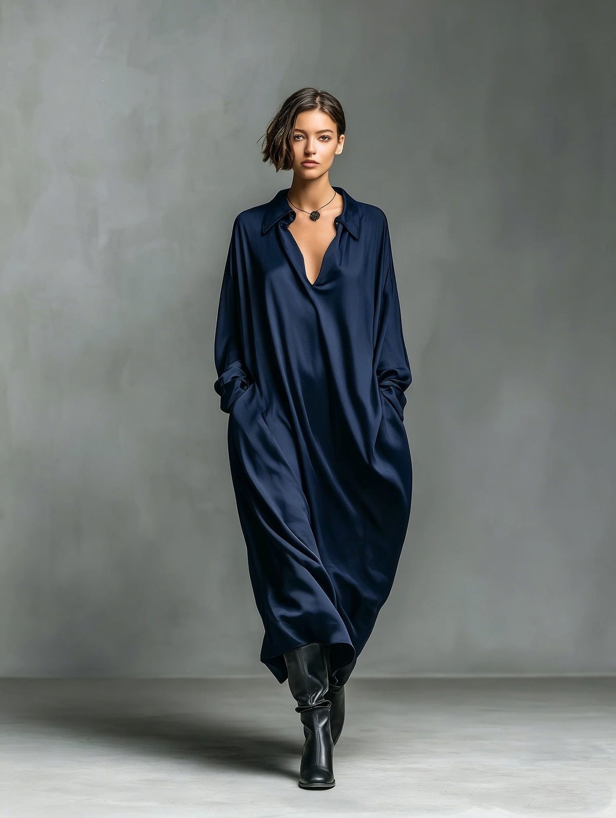 Solid-color Satin Long-sleeve Shirt Dress by Ricaloux