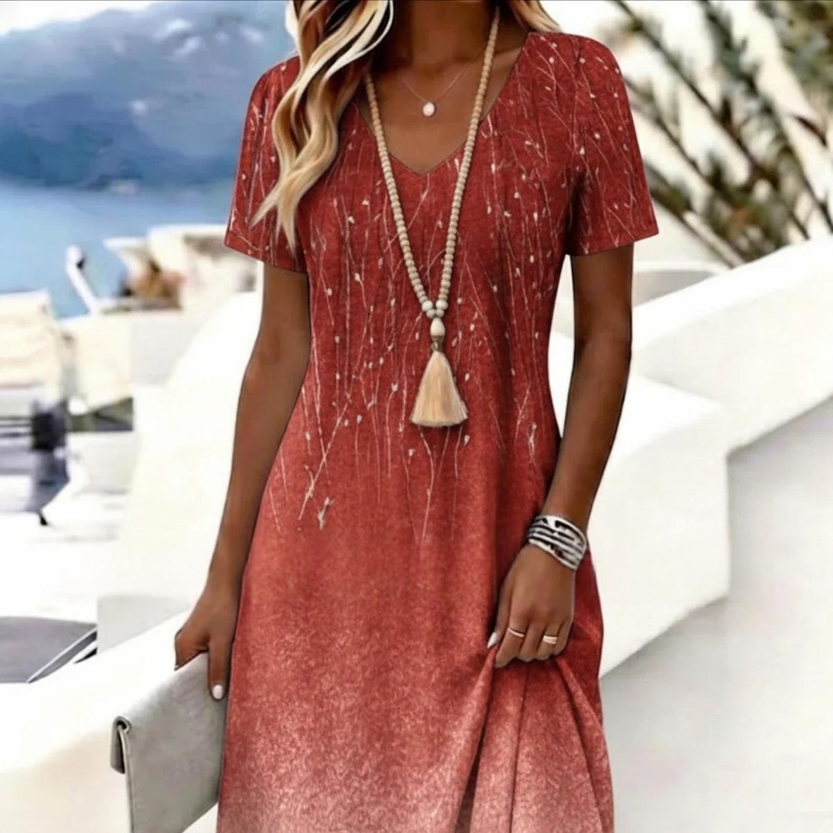 3D-printed V-neck Short-sleeve Elegant Dress by Ricaloux
